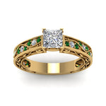 Load image into Gallery viewer, princess-cut-antique-filigree-diamond-ring-with-emerald-in-14K-yellow-gold-FDENS3543PRRGEMGRANGLE5-NL-YG
