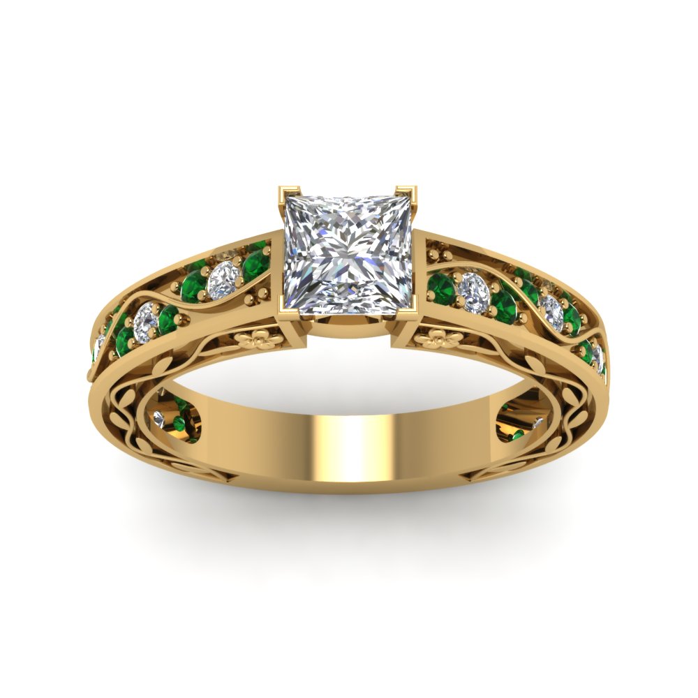 princess-cut-antique-filigree-diamond-ring-with-emerald-in-14K-yellow-gold-FDENS3543PRRGEMGRANGLE5-NL-YG