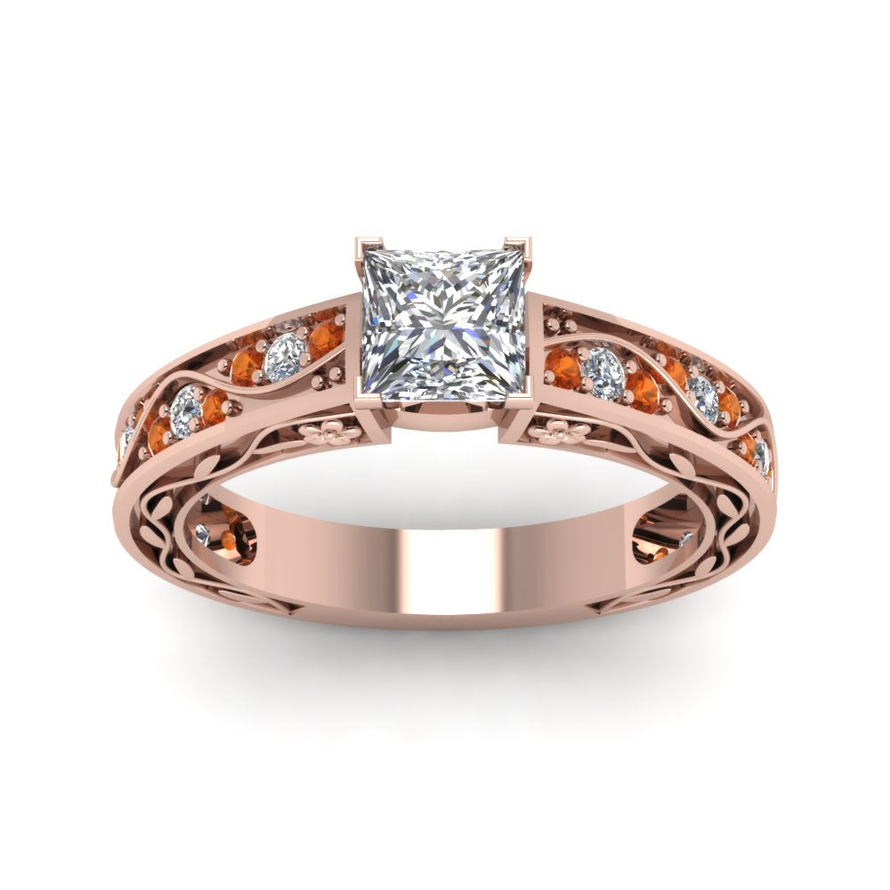 princess-cut-antique-filigree-diamond-ring-with-orange-sapphire-in-14K-rose-gold-FDENS3543PRRGSAORANGLE5-NL-RG