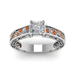 Load image into Gallery viewer, princess-cut-antique-filigree-diamond-ring-with-orange-sapphire-in-14K-white-gold-FDENS3543PRRGSAORANGLE5-NL-WG
