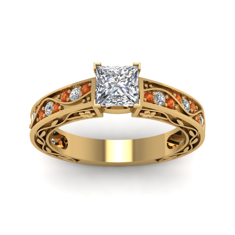 princess-cut-antique-filigree-diamond-ring-with-orange-sapphire-in-14K-yellow-gold-FDENS3543PRRGSAORANGLE5-NL-YG