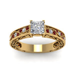 Load image into Gallery viewer, princess-cut-antique-filigree-diamond-ring-with-ruby-in-14K-yellow-gold-FDENS3543PRRGRUDRANGLE5-NL-YG

