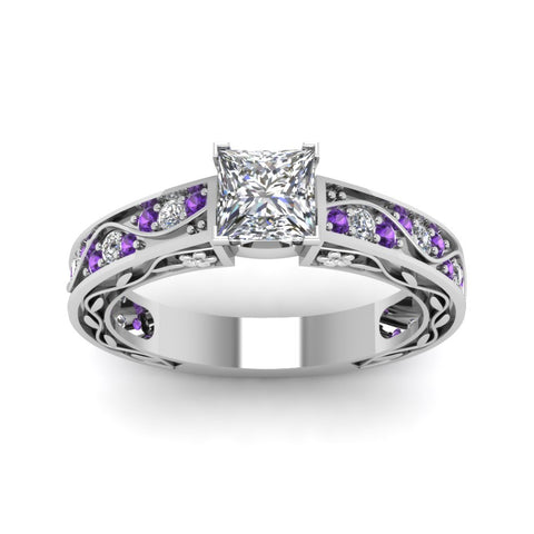 princess-cut-antique-filigree-diamond-ring-with-violac-topaz-in-14K-white-gold-FDENS3543PRRGVITOANGLE5-NL-WG