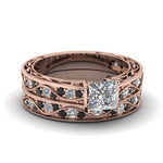 Load image into Gallery viewer, princess-cut-antique-filigree-wedding-ring-set-with-black-diamond-in-rose-gold-FDENS3543PRGBLACK-NL-RG