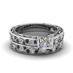Load image into Gallery viewer, princess-cut-antique-filigree-wedding-ring-set-with-black-diamond-in-white-gold-FDENS3543PRGBLACK-NL-WG
