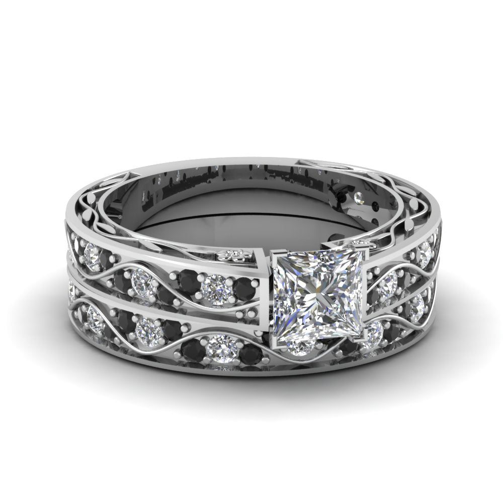 princess-cut-antique-filigree-wedding-ring-set-with-black-diamond-in-white-gold-FDENS3543PRGBLACK-NL-WG