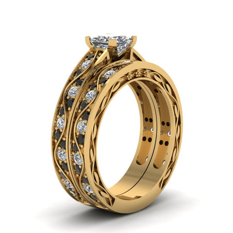 princess-cut-antique-filigree-wedding-ring-set-with-black-diamond-in-yellow-gold-FDENS3543PRGBLACKANGLE2-NL-YG