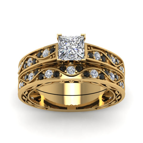 princess-cut-antique-filigree-wedding-ring-set-with-black-diamond-in-yellow-gold-FDENS3543PRGBLACKANGLE5-NL-YG