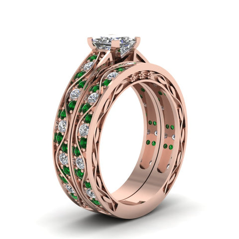 princess-cut-antique-filigree-wedding-ring-set-with-emerald-in-rose-gold-FDENS3543PRGEMGRANGLE2-NL-RG