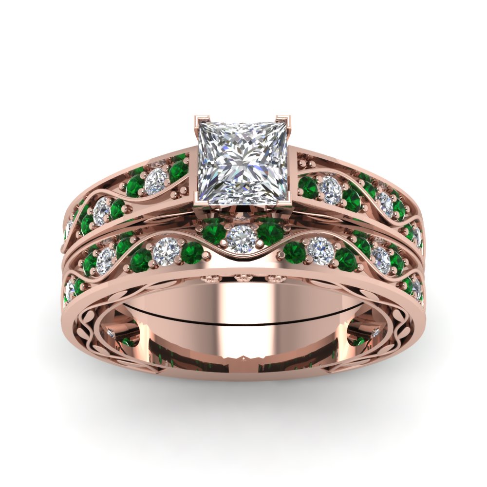 princess-cut-antique-filigree-wedding-ring-set-with-emerald-in-rose-gold-FDENS3543PRGEMGRANGLE5-NL-RG