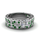 Load image into Gallery viewer, princess-cut-antique-filigree-wedding-ring-set-with-emerald-in-white-gold-FDENS3543PRGEMGR-NL-WG