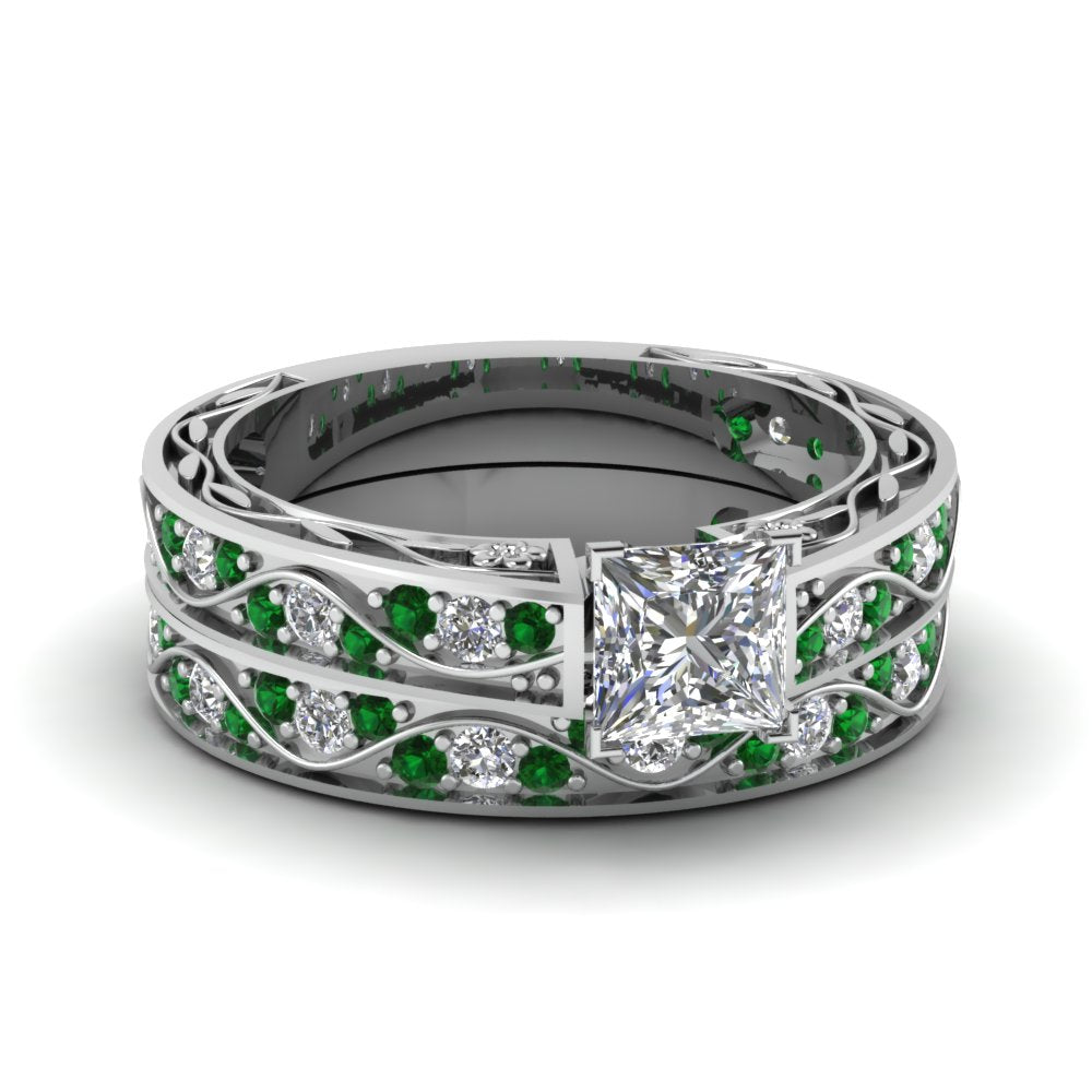 princess-cut-antique-filigree-wedding-ring-set-with-emerald-in-white-gold-FDENS3543PRGEMGR-NL-WG