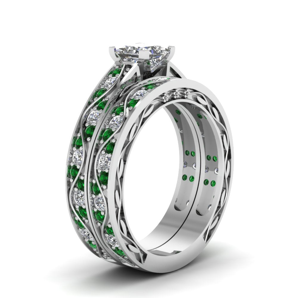 princess-cut-antique-filigree-wedding-ring-set-with-emerald-in-white-gold-FDENS3543PRGEMGRANGLE2-NL-WG