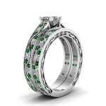 Load image into Gallery viewer, princess-cut-antique-filigree-wedding-ring-set-with-emerald-in-white-gold-FDENS3543PRGEMGRANGLE2-NL-WG
