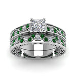 Load image into Gallery viewer, princess-cut-antique-filigree-wedding-ring-set-with-emerald-in-white-gold-FDENS3543PRGEMGRANGLE5-NL-WG