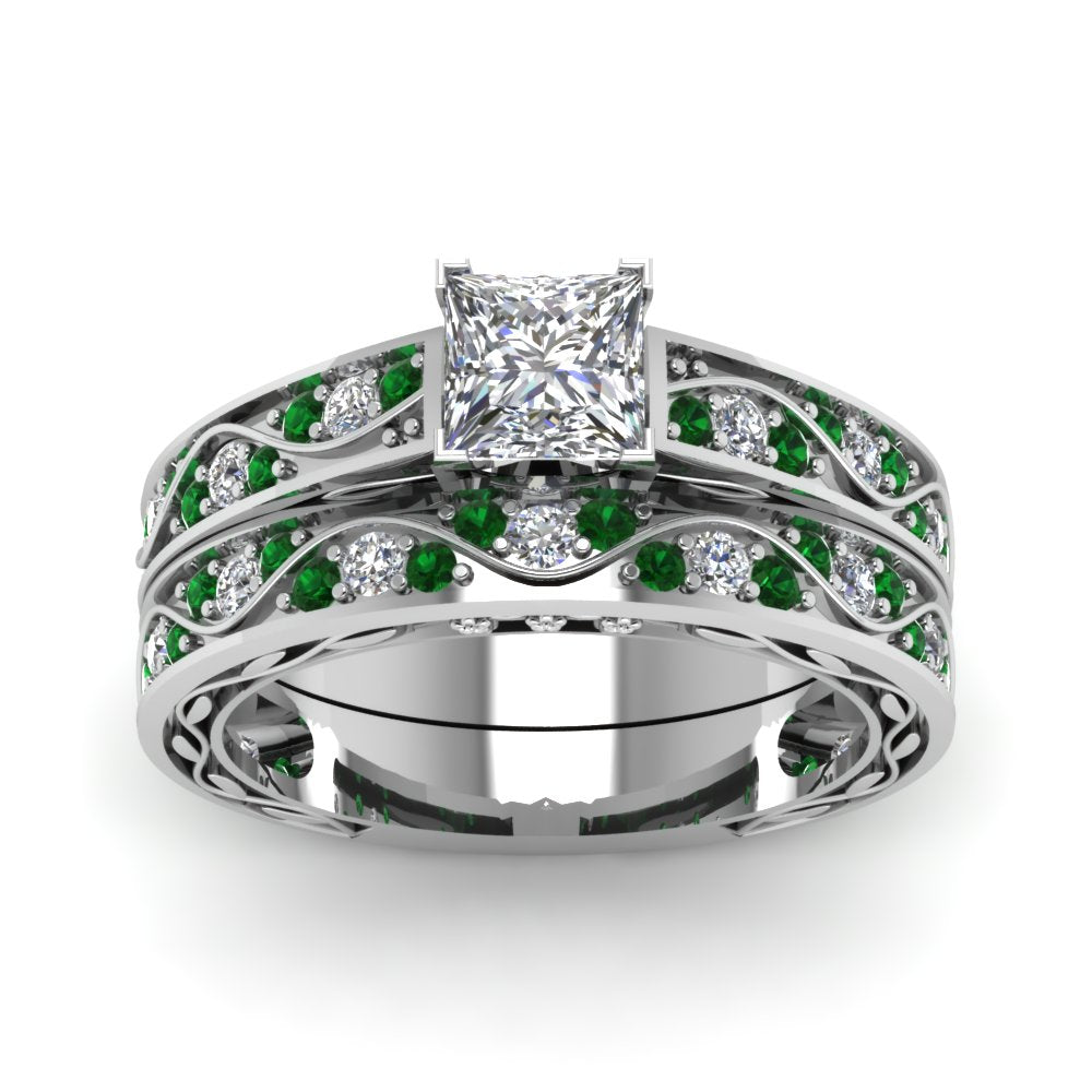 princess-cut-antique-filigree-wedding-ring-set-with-emerald-in-white-gold-FDENS3543PRGEMGRANGLE5-NL-WG