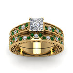 Load image into Gallery viewer, princess-cut-antique-filigree-wedding-ring-set-with-emerald-in-yellow-gold-FDENS3543PRGEMGRANGLE5-NL-YG