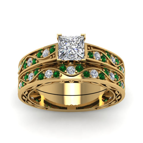 princess-cut-antique-filigree-wedding-ring-set-with-emerald-in-yellow-gold-FDENS3543PRGEMGRANGLE5-NL-YG