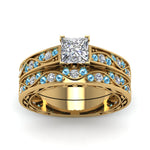 Load image into Gallery viewer, princess-cut-antique-filigree-wedding-ring-set-with-ice-blue-topaz-in-yellow-gold-FDENS3543PRGICBLTOANGLE5-NL-YG