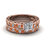 Load image into Gallery viewer, princess-cut-antique-filigree-wedding-ring-set-with-orange-sapphire-in-rose-gold-FDENS3543PRGSAOR-NL-RG
