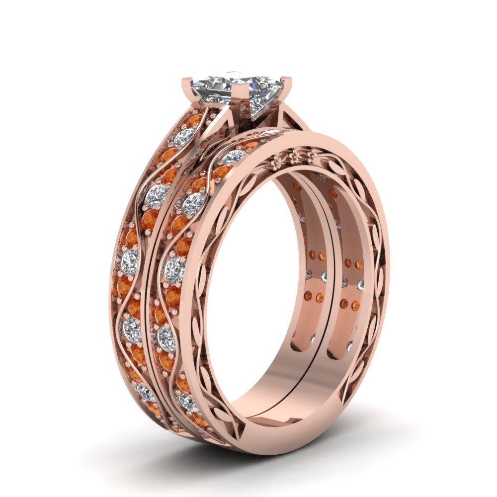 princess-cut-antique-filigree-wedding-ring-set-with-orange-sapphire-in-rose-gold-FDENS3543PRGSAORANGLE2-NL-RG