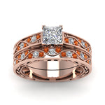 Load image into Gallery viewer, princess-cut-antique-filigree-wedding-ring-set-with-orange-sapphire-in-rose-gold-FDENS3543PRGSAORANGLE5-NL-RG
