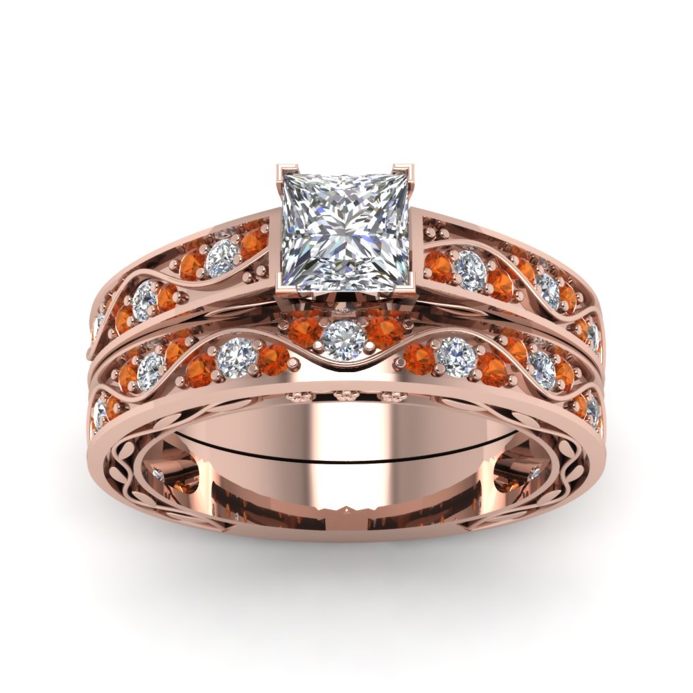princess-cut-antique-filigree-wedding-ring-set-with-orange-sapphire-in-rose-gold-FDENS3543PRGSAORANGLE5-NL-RG