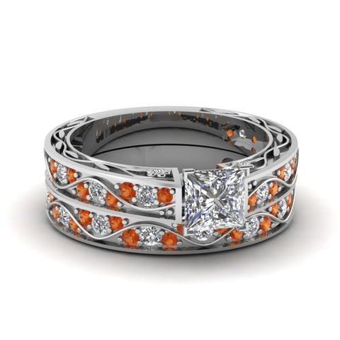 princess-cut-antique-filigree-wedding-ring-set-with-orange-sapphire-in-white-gold-FDENS3543PRGSAOR-NL-WG
