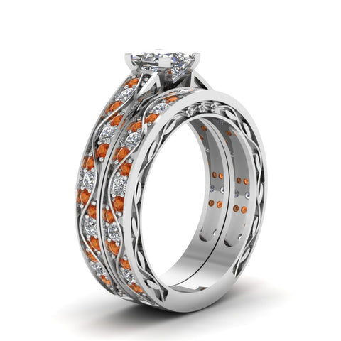 princess-cut-antique-filigree-wedding-ring-set-with-orange-sapphire-in-white-gold-FDENS3543PRGSAORANGLE2-NL-WG