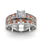 Load image into Gallery viewer, princess-cut-antique-filigree-wedding-ring-set-with-orange-sapphire-in-white-gold-FDENS3543PRGSAORANGLE5-NL-WG
