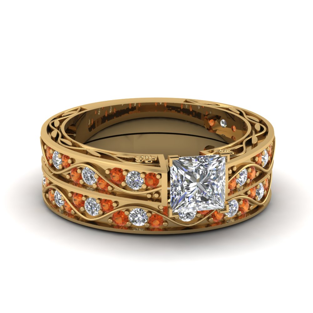 princess-cut-antique-filigree-wedding-ring-set-with-orange-sapphire-in-yellow-gold-FDENS3543PRGSAOR-NL-YG