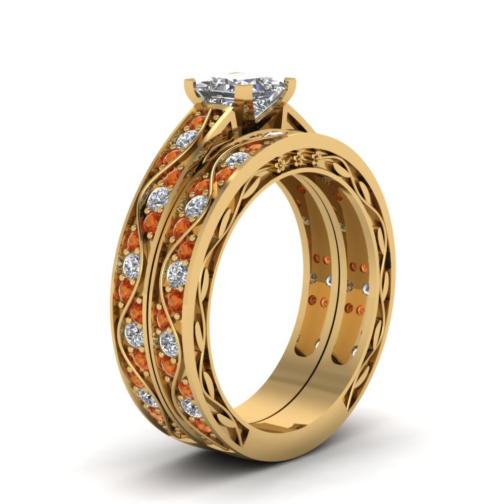 princess-cut-antique-filigree-wedding-ring-set-with-orange-sapphire-in-yellow-gold-FDENS3543PRGSAORANGLE2-NL-YG
