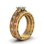 Load image into Gallery viewer, princess-cut-antique-filigree-wedding-ring-set-with-orange-sapphire-in-yellow-gold-FDENS3543PRGSAORANGLE2-NL-YG
