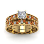 Load image into Gallery viewer, princess-cut-antique-filigree-wedding-ring-set-with-orange-sapphire-in-yellow-gold-FDENS3543PRGSAORANGLE5-NL-YG