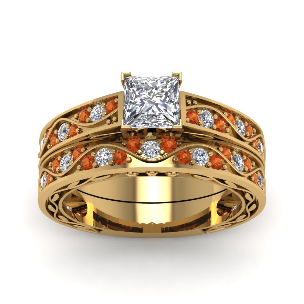 princess-cut-antique-filigree-wedding-ring-set-with-orange-sapphire-in-yellow-gold-FDENS3543PRGSAORANGLE5-NL-YG