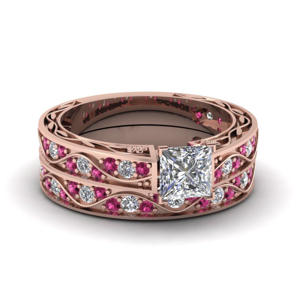 princess-cut-antique-filigree-wedding-ring-set-with-pink-sapphire-in-rose-gold-FDENS3543PRGSADRPI-NL-RG