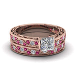 Load image into Gallery viewer, princess-cut-antique-filigree-wedding-ring-set-with-pink-sapphire-in-rose-gold-FDENS3543PRGSADRPI-NL-RG
