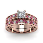 Load image into Gallery viewer, princess-cut-antique-filigree-wedding-ring-set-with-pink-sapphire-in-rose-gold-FDENS3543PRGSADRPIANGLE5-NL-RG
