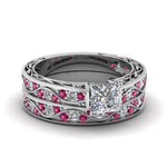 Load image into Gallery viewer, princess-cut-antique-filigree-wedding-ring-set-with-pink-sapphire-in-white-gold-FDENS3543PRGSADRPI-NL-WG