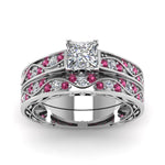 Load image into Gallery viewer, princess-cut-antique-filigree-wedding-ring-set-with-pink-sapphire-in-white-gold-FDENS3543PRGSADRPIANGLE5-NL-WG
