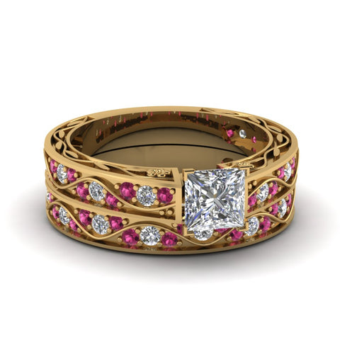princess-cut-antique-filigree-wedding-ring-set-with-pink-sapphire-in-yellow-gold-FDENS3543PRGSADRPI-NL-YG