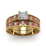 Load image into Gallery viewer, princess-cut-antique-filigree-wedding-ring-set-with-pink-sapphire-in-yellow-gold-FDENS3543PRGSADRPIANGLE5-NL-YG
