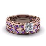 Load image into Gallery viewer, princess-cut-antique-filigree-wedding-ring-set-with-purple-amethyst-in-rose-gold-FDENS3543PRGVITO-NL-RG
