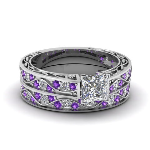 princess-cut-antique-filigree-wedding-ring-set-with-purple-amethyst-in-white-gold-FDENS3543PRGVITO-NL-WG