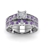 Load image into Gallery viewer, princess-cut-antique-filigree-wedding-ring-set-with-purple-amethyst-in-white-gold-FDENS3543PRGVITOANGLE5-NL-WG
