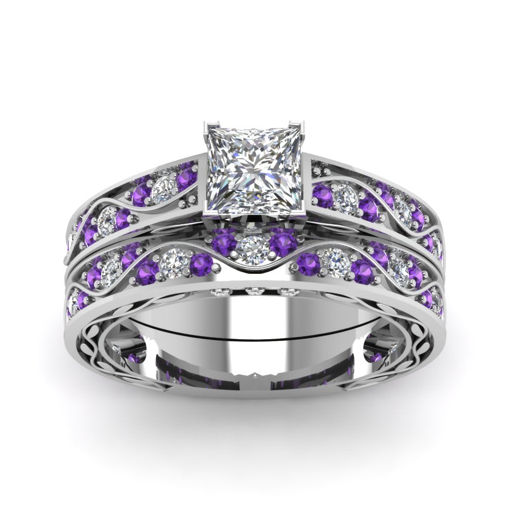 princess-cut-antique-filigree-wedding-ring-set-with-purple-amethyst-in-white-gold-FDENS3543PRGVITOANGLE5-NL-WG
