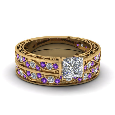 princess-cut-antique-filigree-wedding-ring-set-with-purple-amethyst-in-yellow-gold-FDENS3543PRGVITO-NL-YG