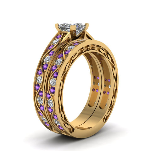 princess-cut-antique-filigree-wedding-ring-set-with-purple-amethyst-in-yellow-gold-FDENS3543PRGVITOANGLE2-NL-YG