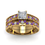 Load image into Gallery viewer, princess-cut-antique-filigree-wedding-ring-set-with-purple-amethyst-in-yellow-gold-FDENS3543PRGVITOANGLE5-NL-YG
