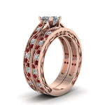 Load image into Gallery viewer, princess-cut-antique-filigree-wedding-ring-set-with-ruby-in-rose-gold-FDENS3543PRGRUDRANGLE2-NL-RG
